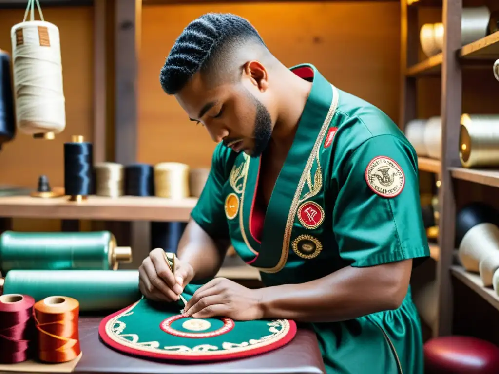 Un artesano borda meticulosamente una bata de boxeo personalizada en un taller con hilos vibrantes y parches, transmitiendo la artesanía detrás de la mercancía a medida para eventos de artes marciales