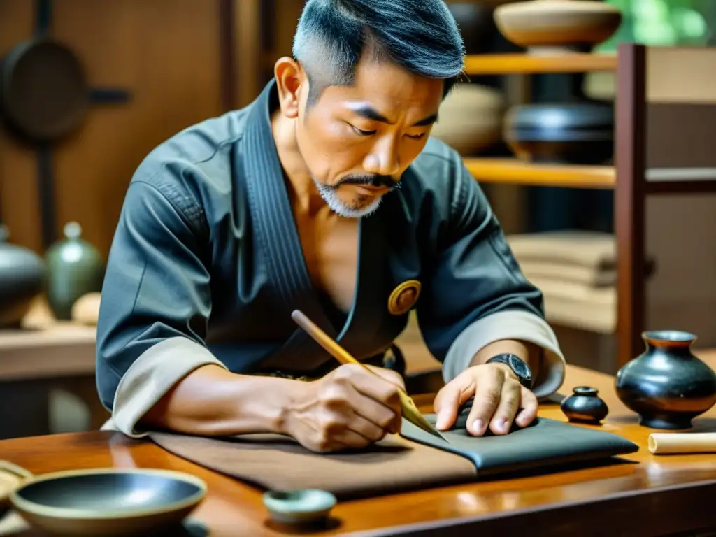 Restauración experta de artículos de artes marciales Un artesano restaura con cuidado una reliquia de artes marciales