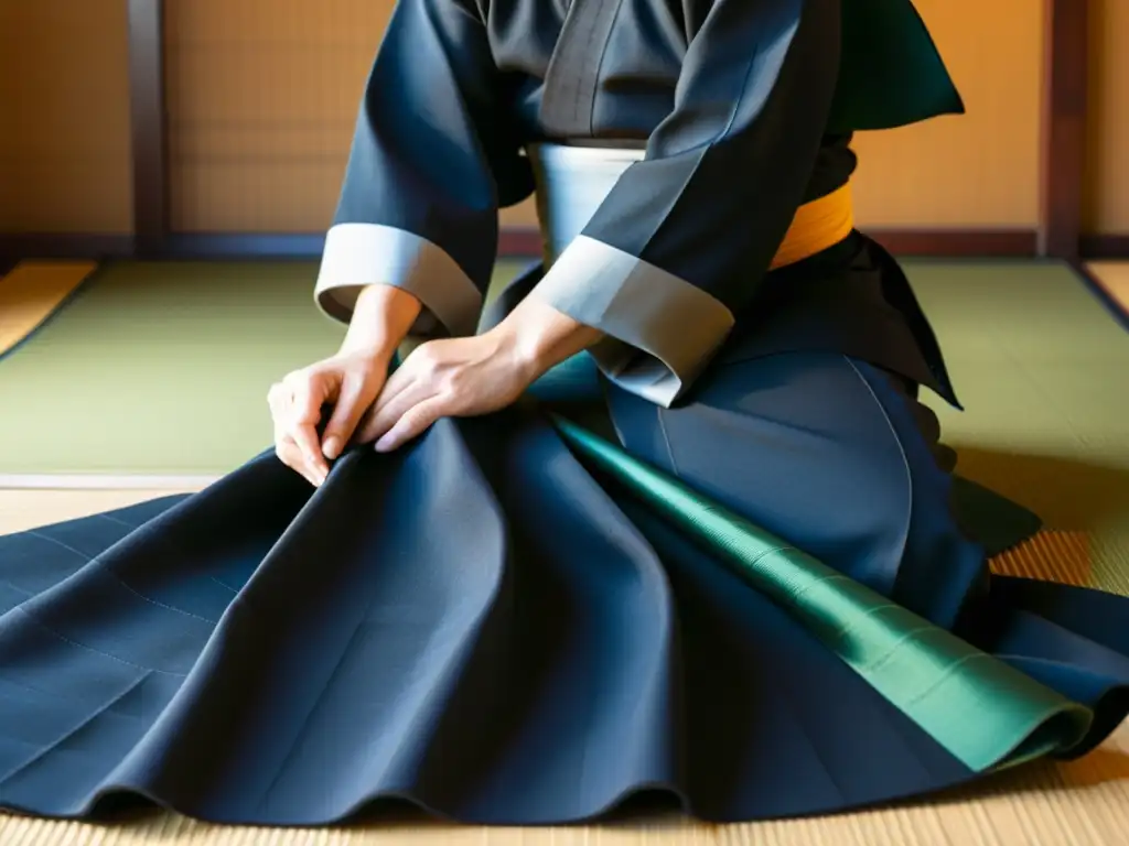 Artesano confeccionando con destreza un hakama tradicional japonés adecuado para aikido, en un taller sereno iluminado por luz natural