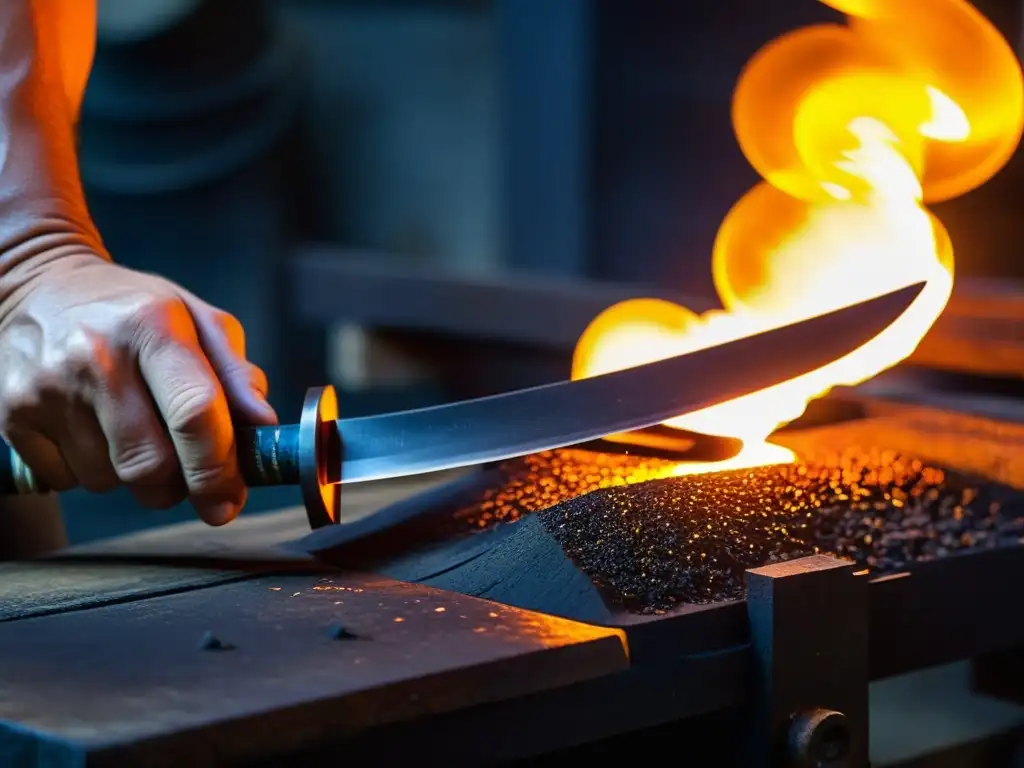 Artesano forja con destreza una katana en taller tradicional, iluminado por el fuego