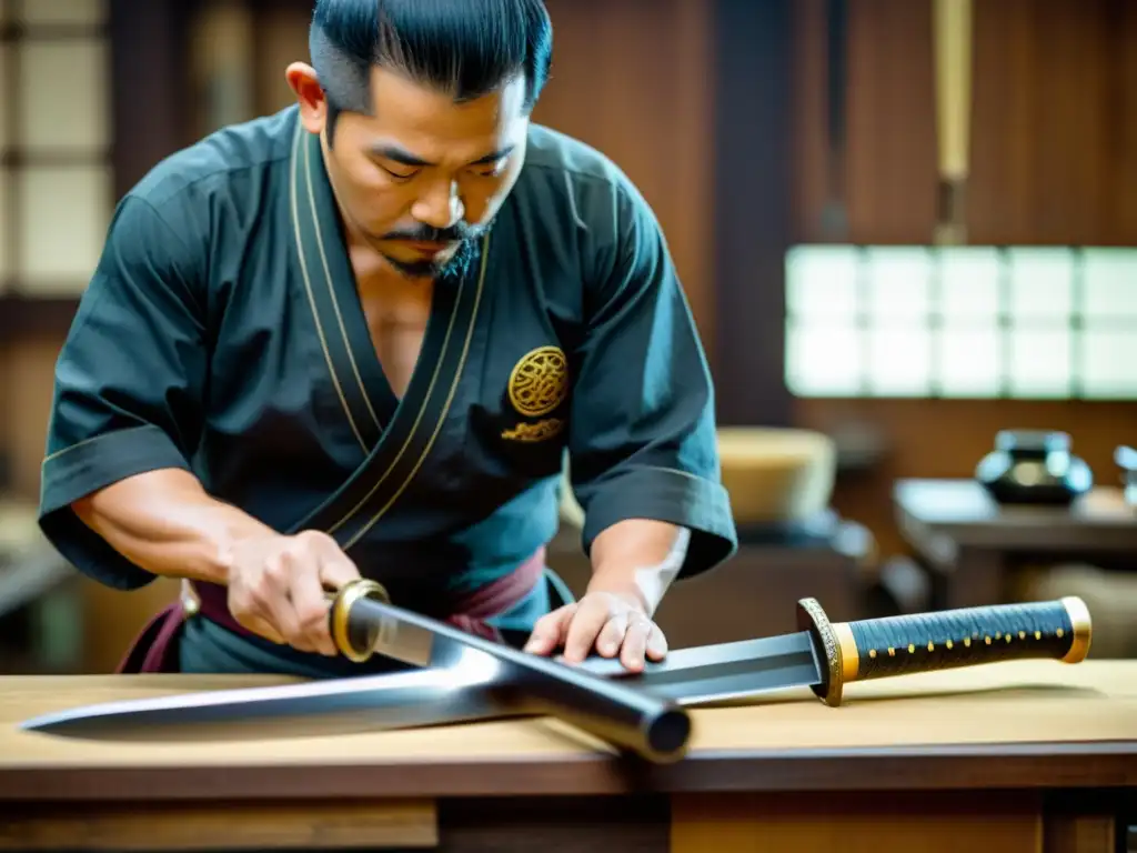 Un artesano experto en la elaboración de una tradicional espada Katana, resaltando la artesanía y la dedicación