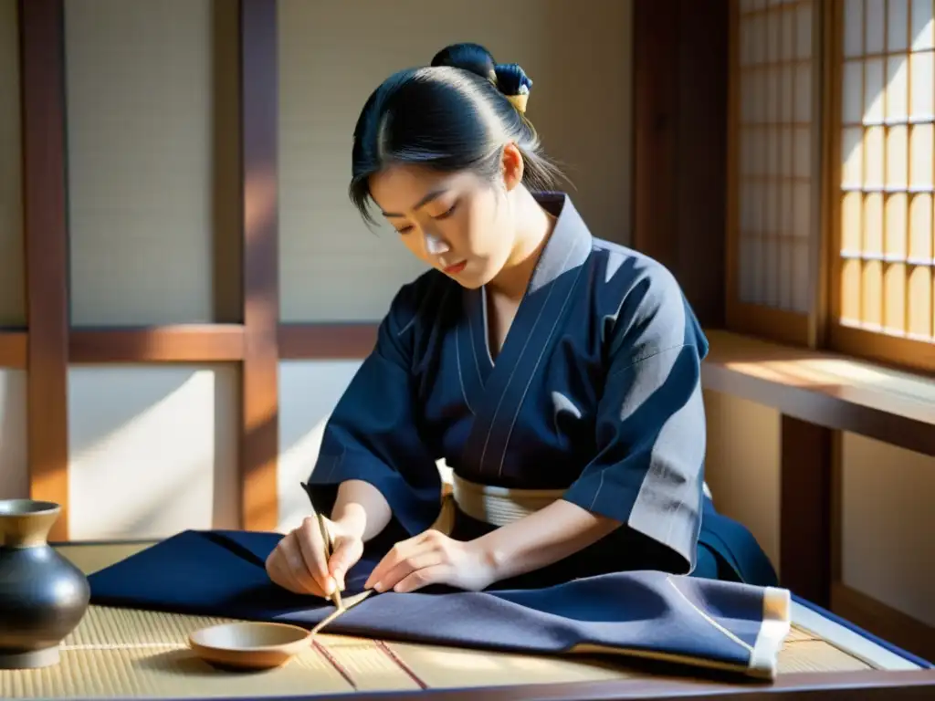 Un artesano japonés con dedicación meticulosa cose un keikogi en un taller sereno