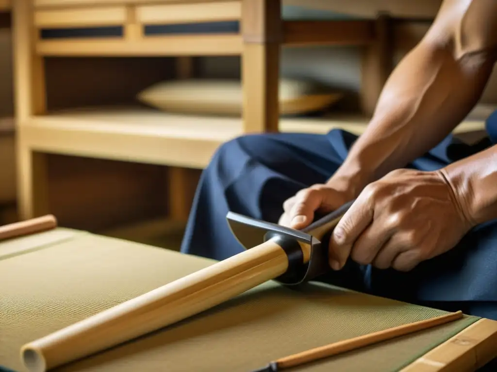 Un artesano japonés talla con precisión un shinai de bambú en un taller tradicional