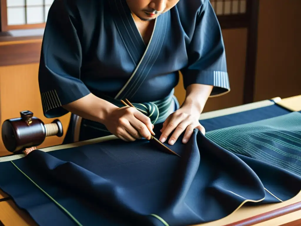 Un artesano japonés da meticulosamente los últimos toques a un Hakama, exudando tradición y artesanía