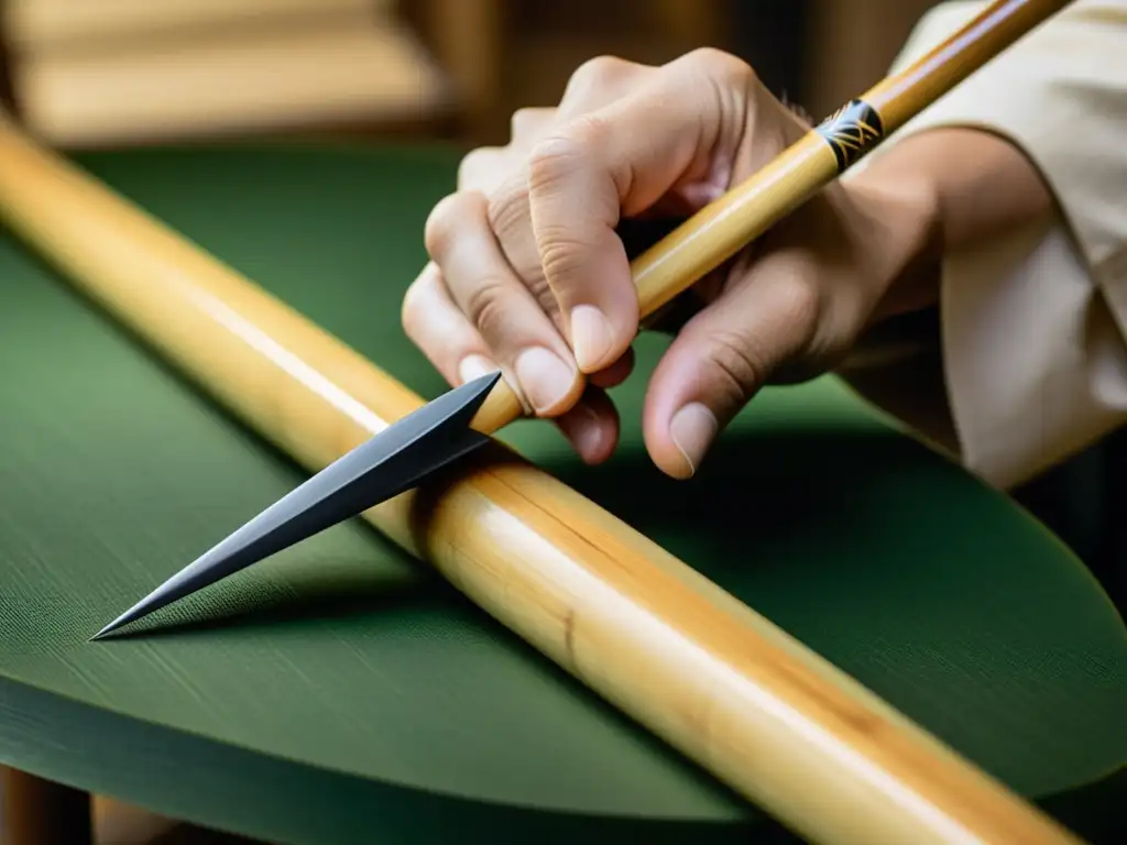 Artesano tallando a mano la flecha de bambú para Kyudo, reflejando la tradición y precisión