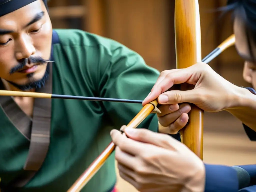 Un artesano meticuloso talla un Yumi japonés con materiales tradicionales, destacando la dedicación a crear los mejores arcos y flechas para Kyudo