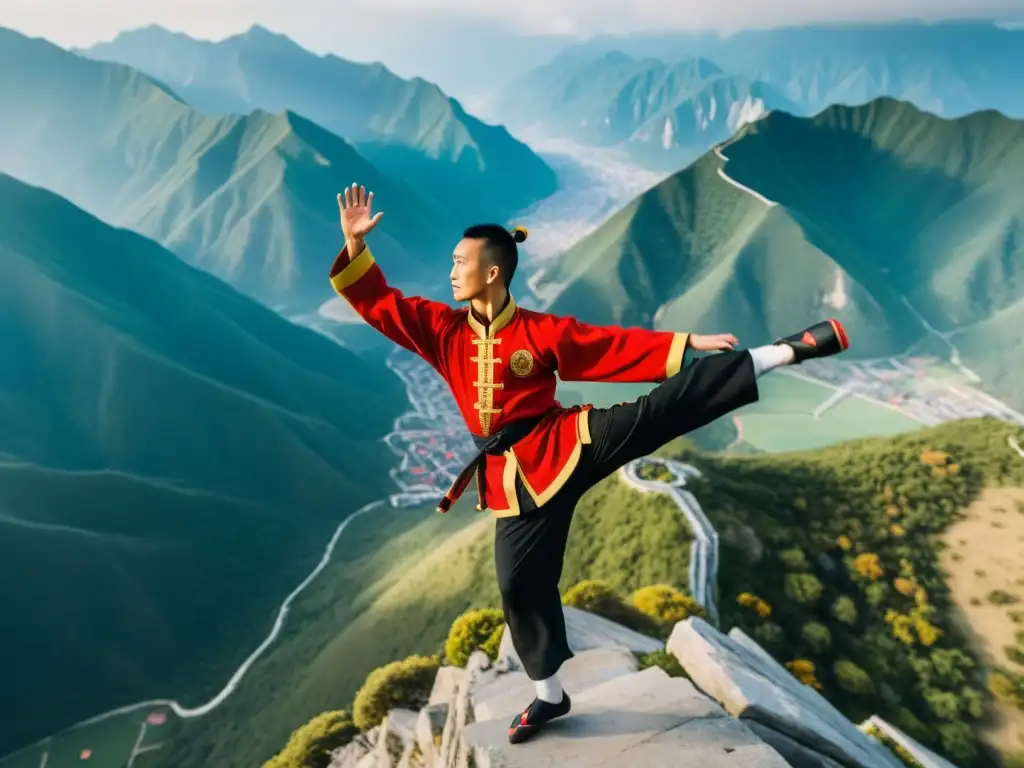 Un artista de kung fu realiza una acrobacia aérea con destreza, resaltando la importancia de la acrobacia en Kung Fu