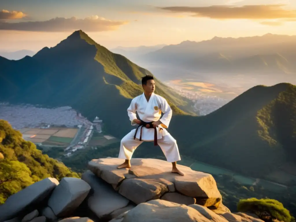 Un artista marcial en un gi blanco tradicional posa en un acantilado rocoso con una vista serena de montañas al atardecer