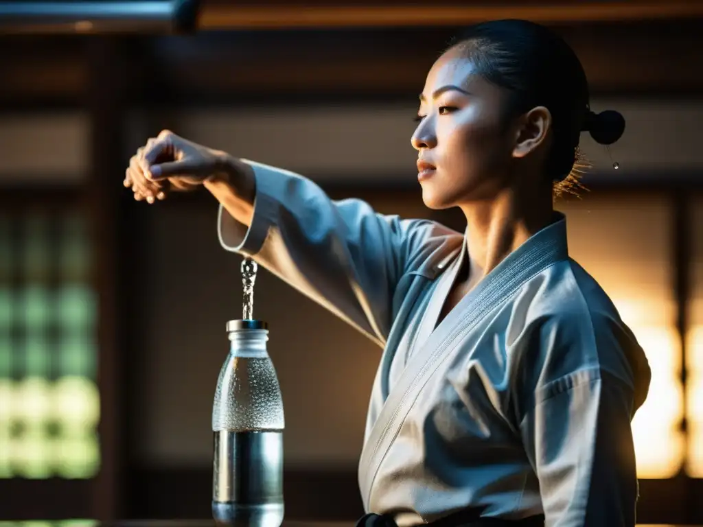 Un artista marcial vierte agua en un vaso en un dojo, resaltando la importancia de la hidratación en artes marciales