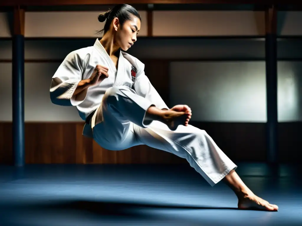 Un artista marcial ejecuta un alto y poderoso golpe en un dojo, transmitiendo disciplina y precisión en su ropa de entrenamiento para artes marciales