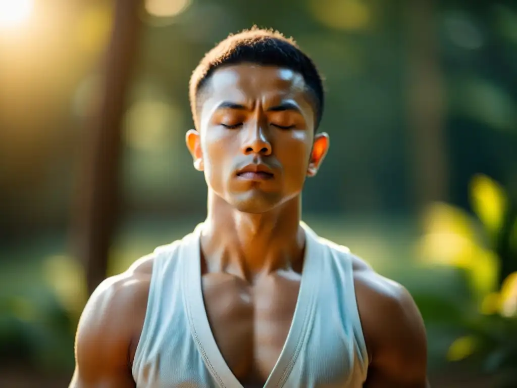 Un artista marcial meditando en armonía con la naturaleza, practicando Pranayama en la luz cálida del atardecer