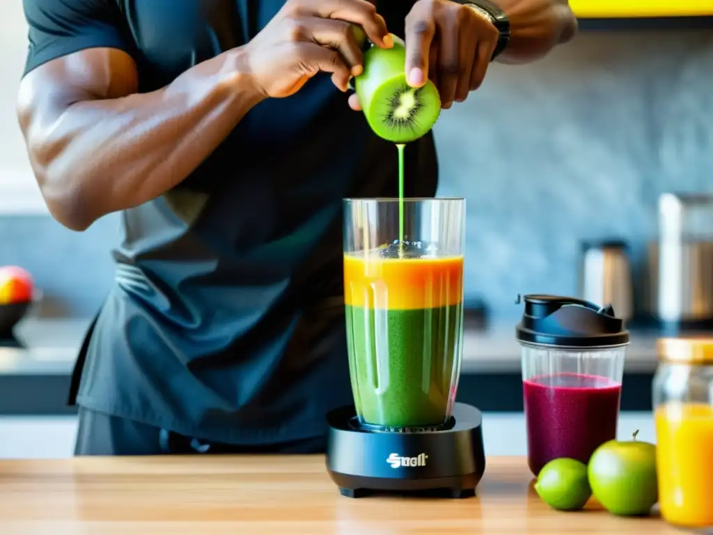 Un artista marcial prepara un batido colorido en la cocina, resaltando la importancia de la nutrición post-entrenamiento