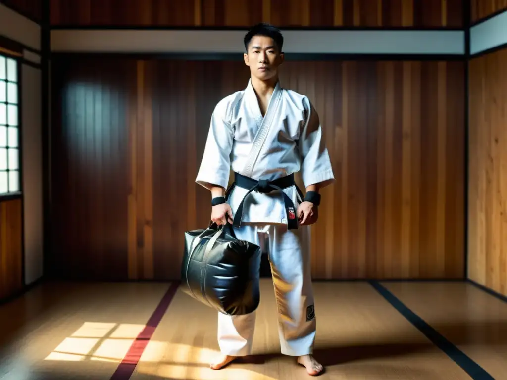 Un artista marcial en gi blanco y cinturón negro sostiene una bolsa de transporte de equipo de artes marciales en un dojo iluminado naturalmente