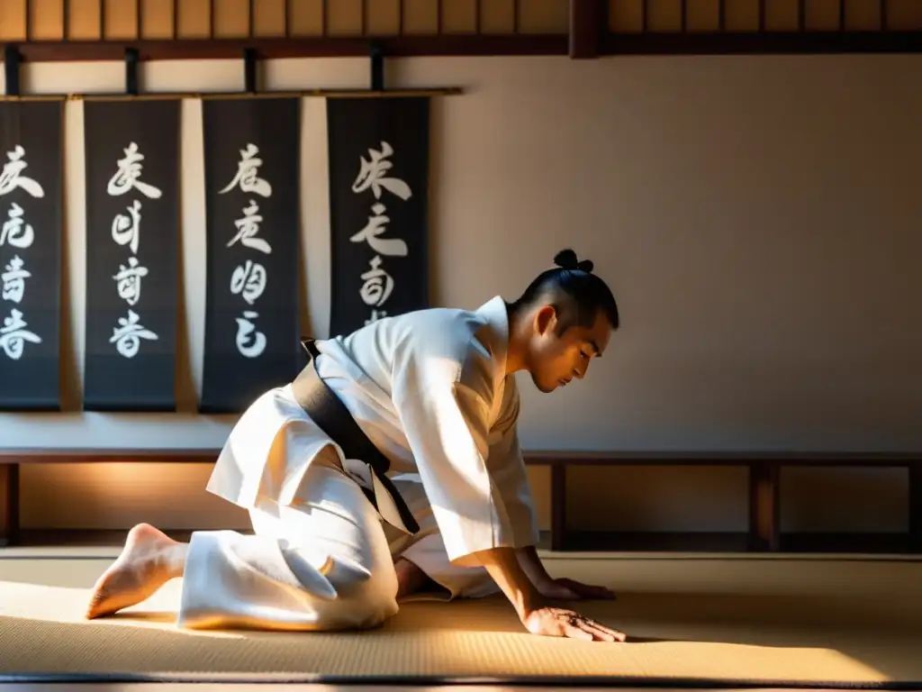 Un artista marcial viste un gi blanco en un dojo tradicional, irradiando gracia y fuerza