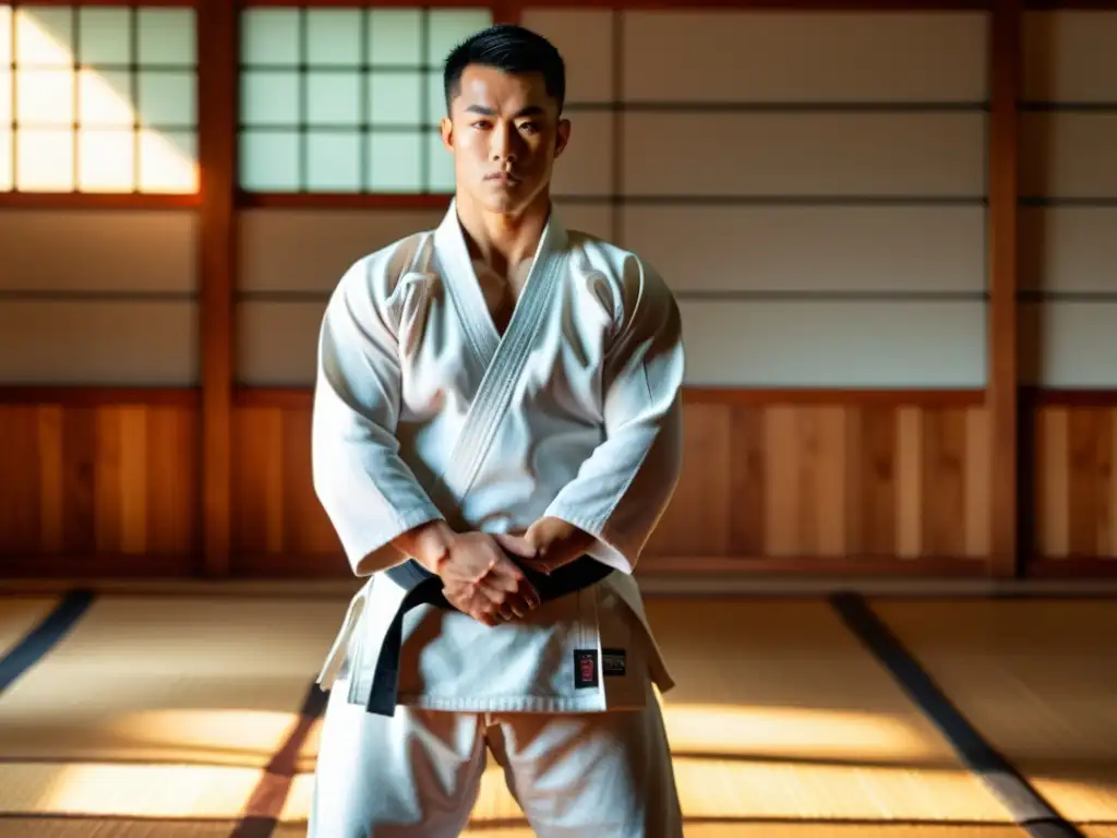 Un artista marcial con determinación en un gi blanco en un dojo, bajo luz cálida