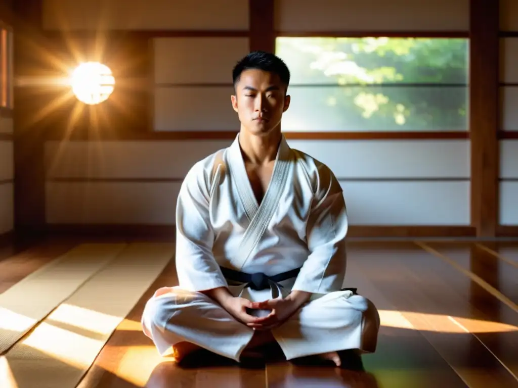 Un artista marcial en meditación, vistiendo un gi blanco en un dojo iluminado por el sol