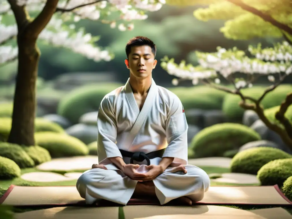 Un artista marcial en gi blanco meditando en jardín zen, rodeado de naturaleza exuberante y atmósfera serena