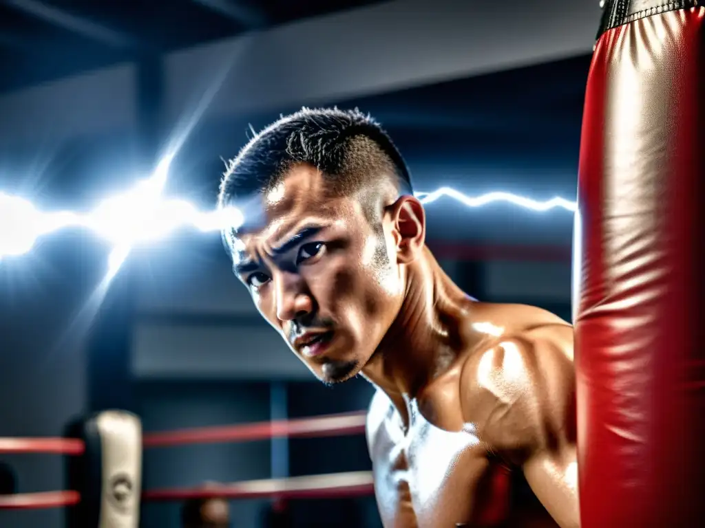 Un artista marcial golpea una bolsa de boxeo con velocidad y precisión, mostrando determinación y fuerza