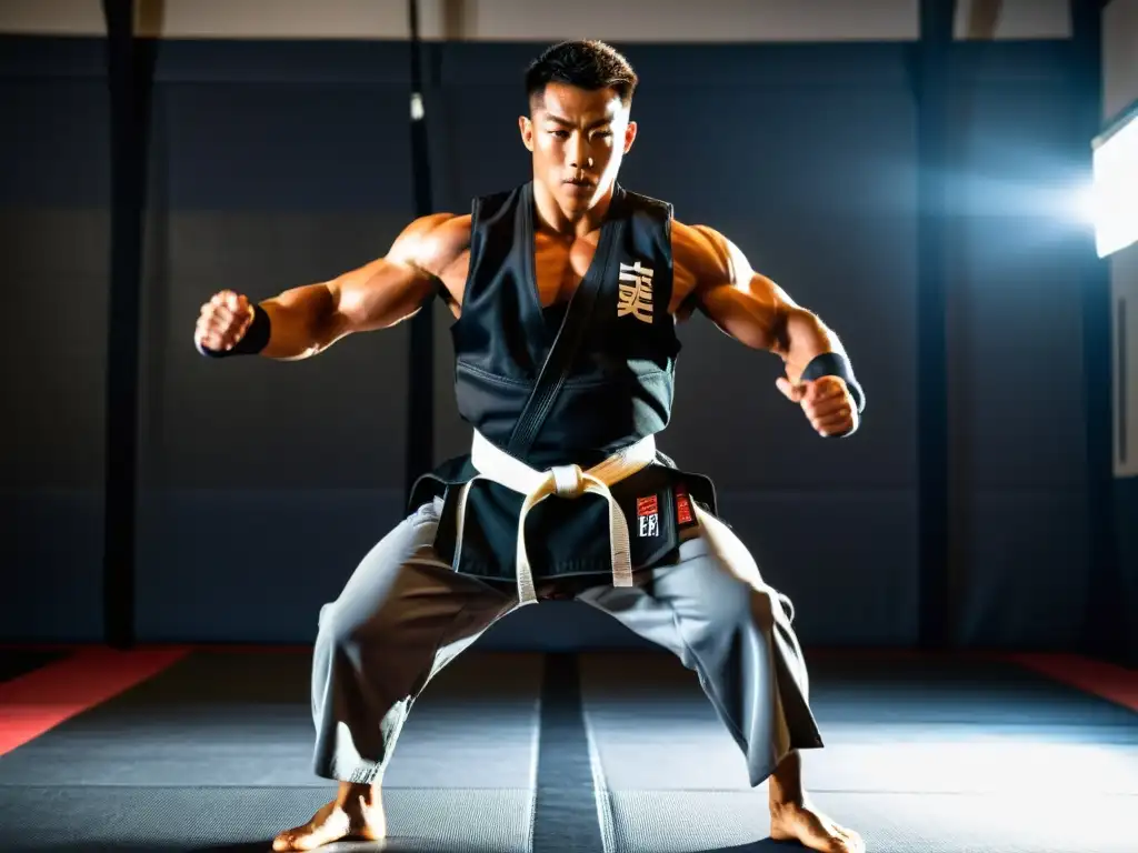 Salto de artes marciales con determinación y esfuerzo Un artista marcial salta con determinación usando chaleco de peso, en un dojo lleno de disciplina y dedicación