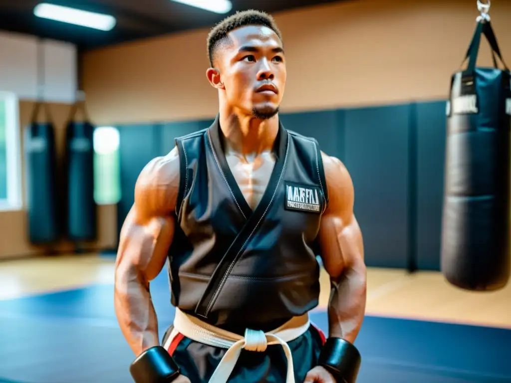 Artes marciales con chaleco de pesas: determinación y fuerza Un artista marcial con chaleco de peso muestra determinación y fuerza en su patada, en un entorno de disciplina y enfoque