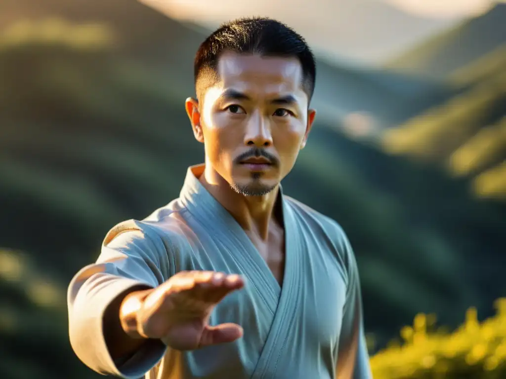 Un artista marcial practicando tai chi al amanecer, con expresión serena y luz cálida