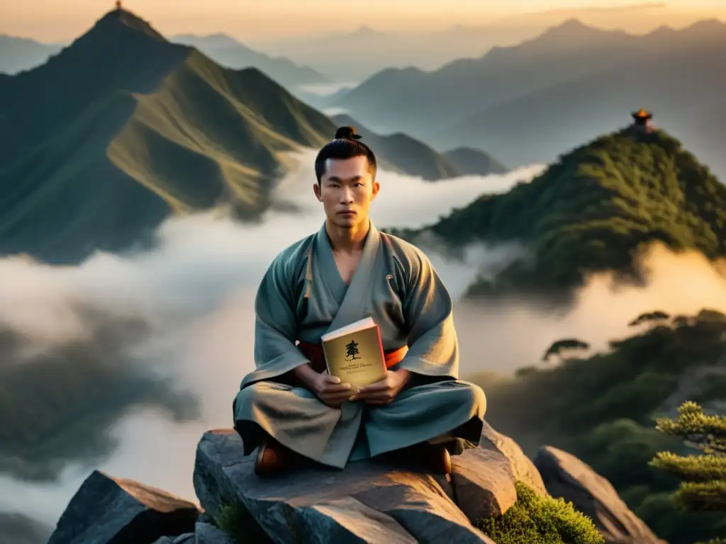 Un artista marcial medita en la cima de la montaña al amanecer, sosteniendo una espada y un libro sobre resistencia mental