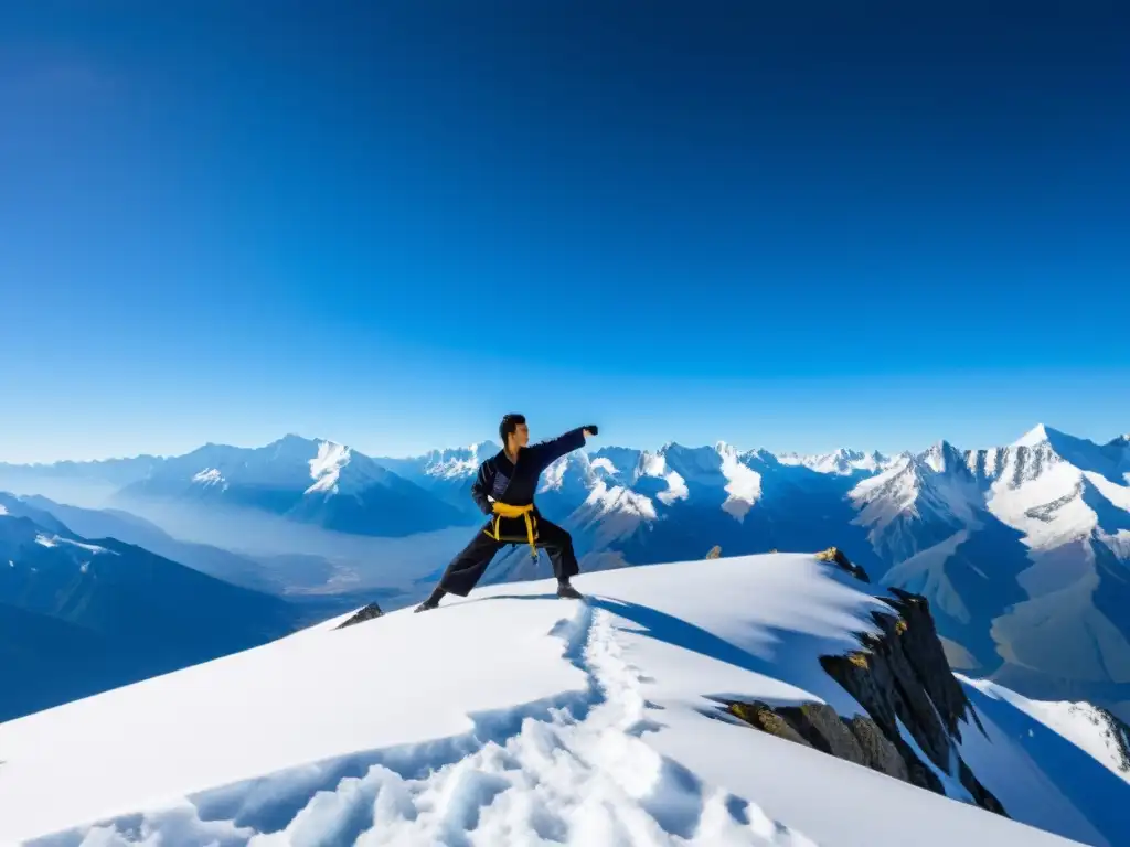 Un artista marcial practica en la cima de una montaña nevada, destacando los beneficios del entrenamiento en altitud para las artes marciales