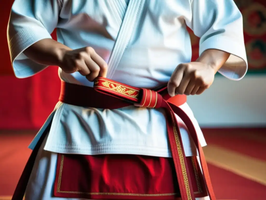 Un artista marcial ata su cinturón rojo, mostrando la dedicación y tradición de las artes marciales