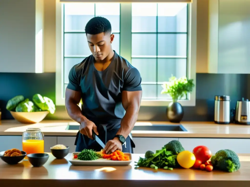 Un artista marcial en una cocina bien iluminada, midiendo con cuidado ingredientes para una dieta balanceada