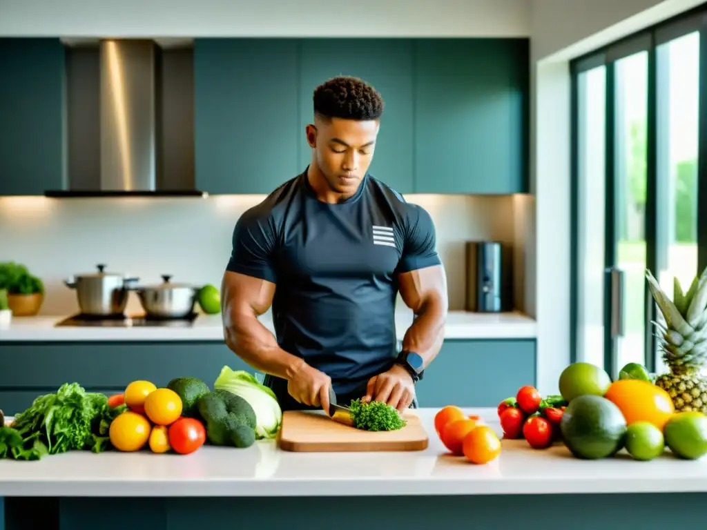 Un artista marcial en la cocina preparando recetas post entrenamiento artes marciales con determinación y enfoque