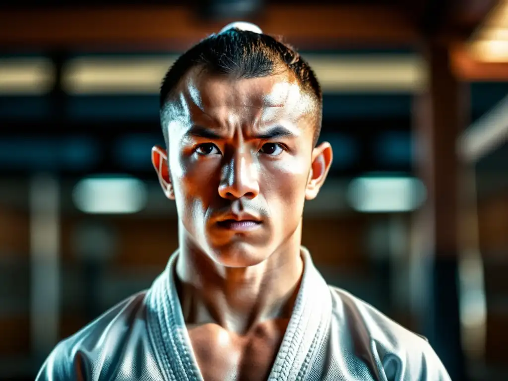 Un artista marcial con intensión en el combate, listo para el desafío, en un dojo lleno de energía y determinación