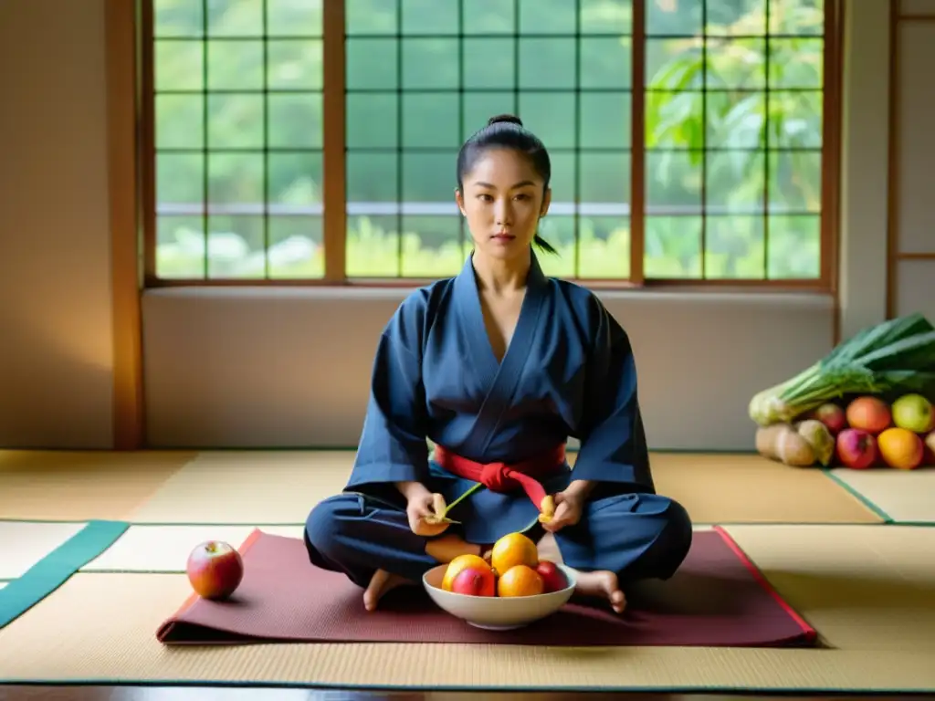 Un artista marcial prepara cuidadosamente una comida balanceada con frutas, verduras, proteínas magras y granos enteros en un tatami