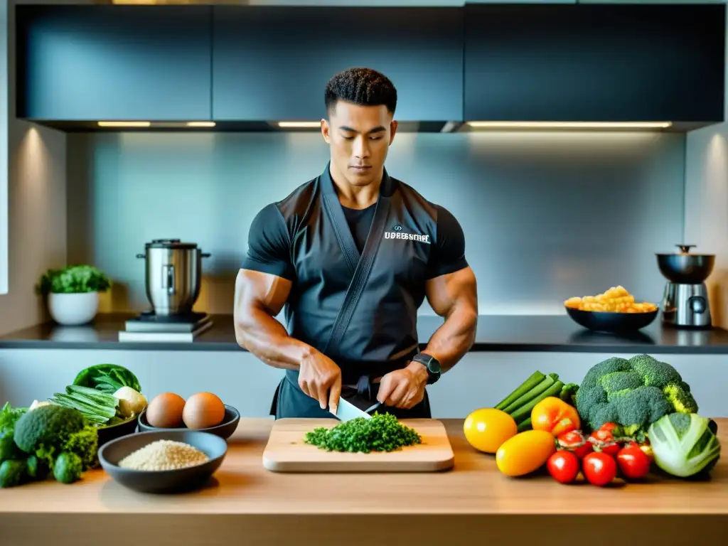 Un artista marcial cuidadosamente prepara una comida balanceada en una cocina moderna y bien iluminada