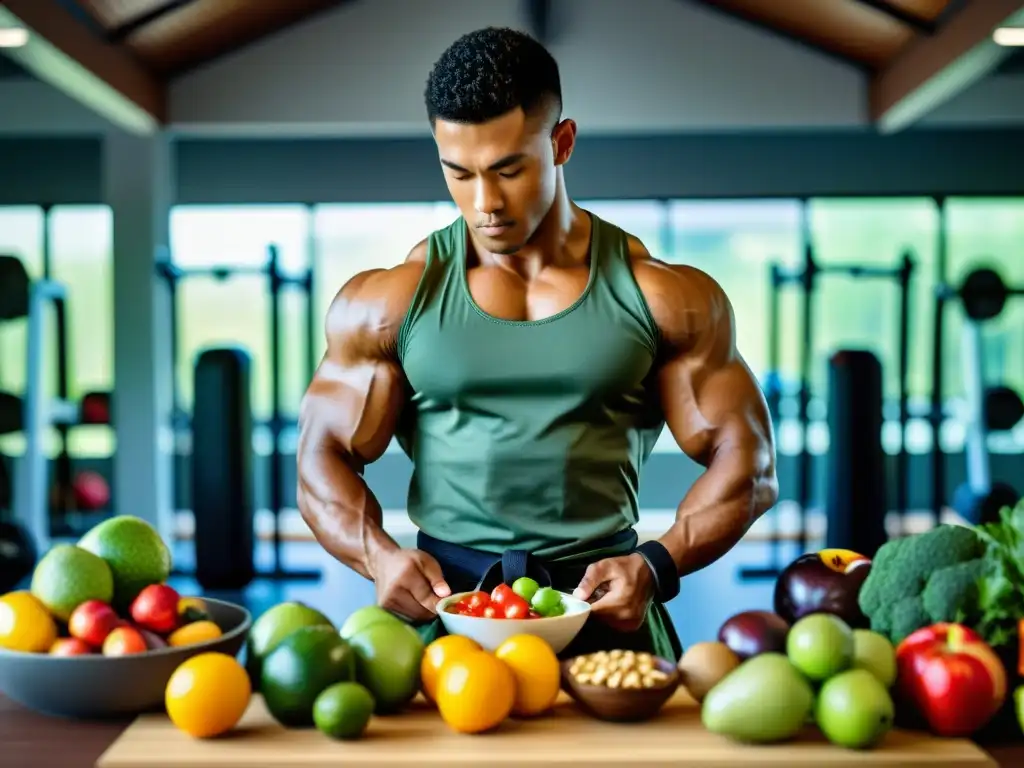 Un artista marcial prepara una comida balanceada con determinación, resaltando la importancia de la nutrición en la prevención de lesiones marciales