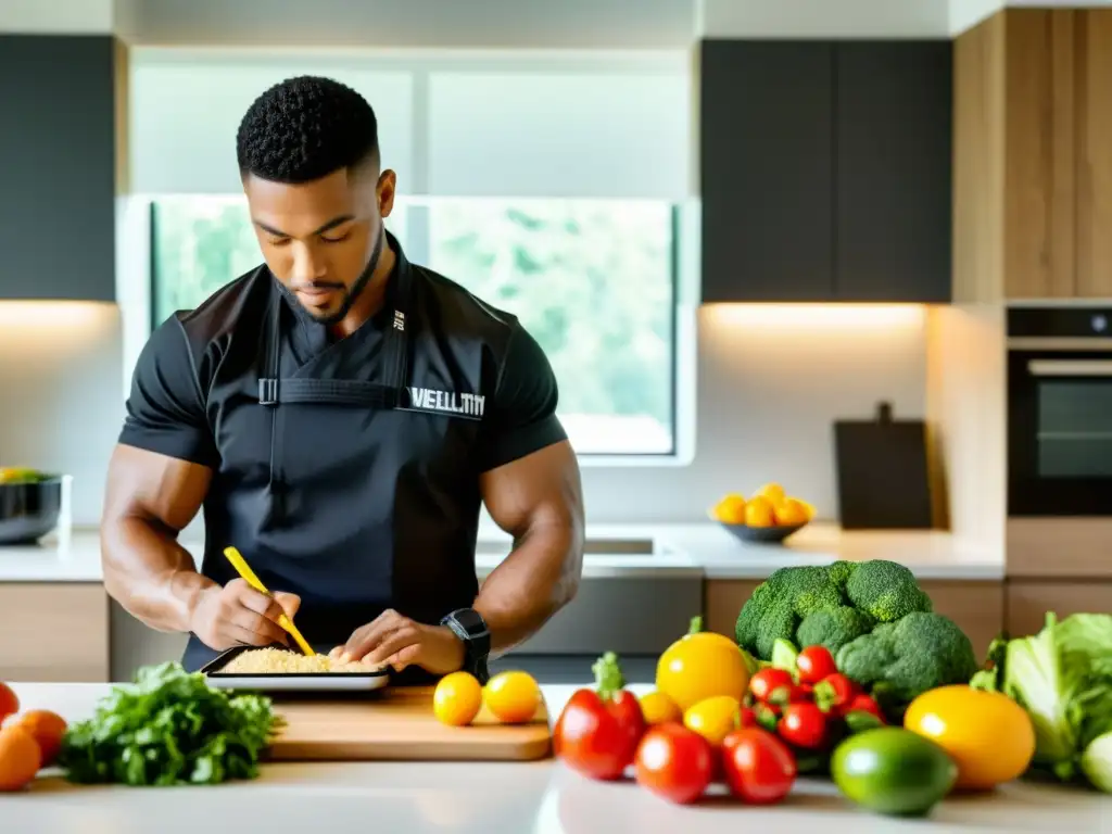 Un artista marcial prepara una comida balanceada en una cocina moderna con la ayuda de apps nutrición para luchadores artes marciales