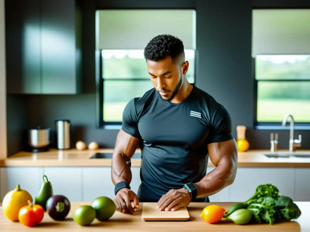 Un artista marcial prepara una comida balanceada mientras lleva un wearable, mostrando disciplina y precisión