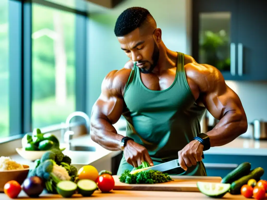 Un artista marcial prepara una comida paleo en una cocina moderna y bien equipada