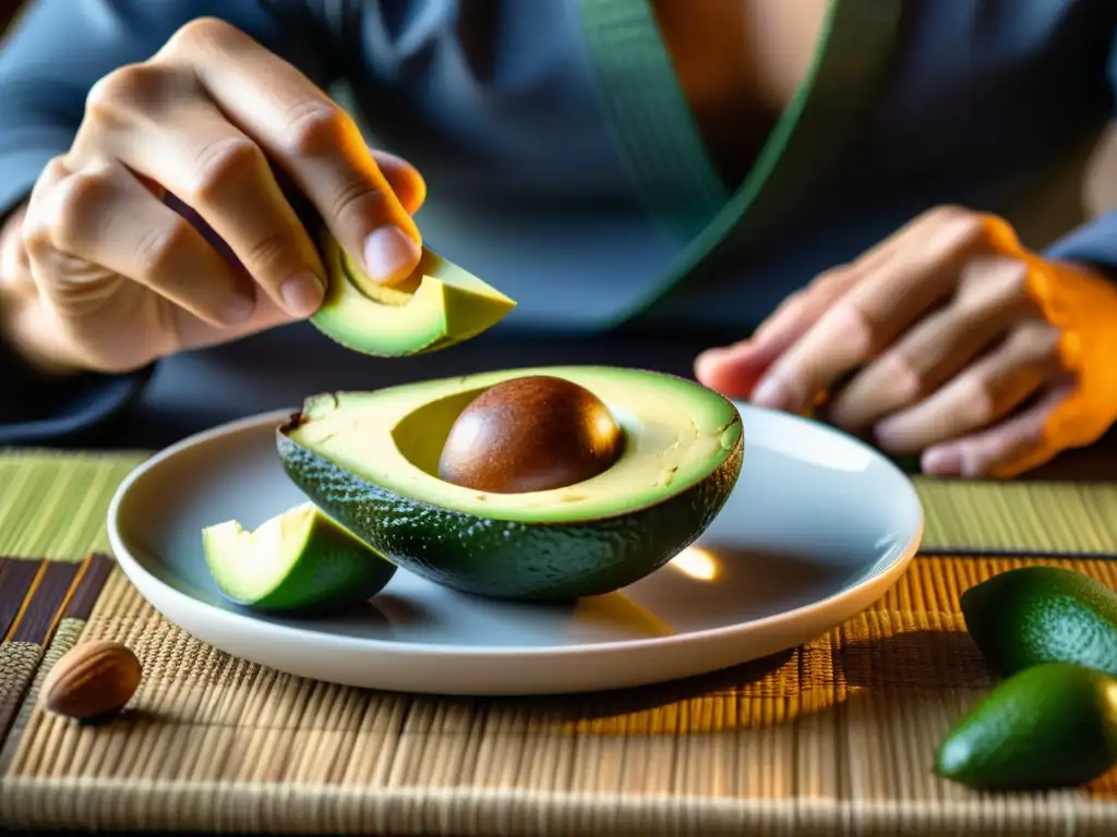 Un artista marcial cuidadosamente prepara una comida colorida y nutritiva con grasas saludables para artistas marciales en un dojo tradicional