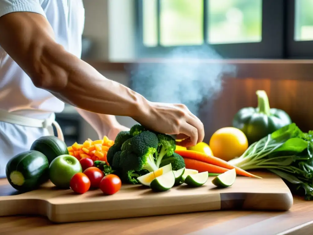 Un artista marcial preparando una comida colorida y saludable en una cocina soleada, mostrando la alimentación holística para artes marciales