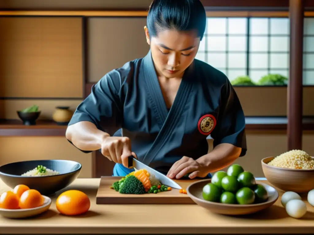 Un artista marcial prepara una comida equilibrada en un dojo japonés, rodeado de ingredientes frescos