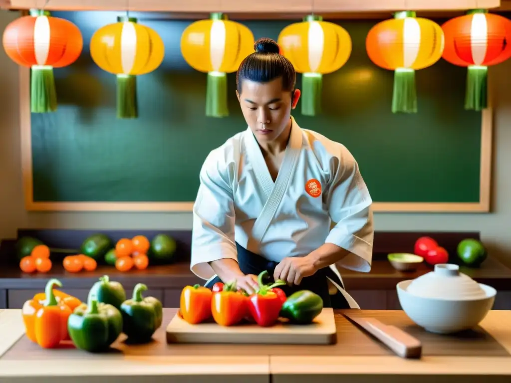 Un artista marcial prepara una comida equilibrada en un dojo tradicional, rodeado de bonsáis y linternas de papel