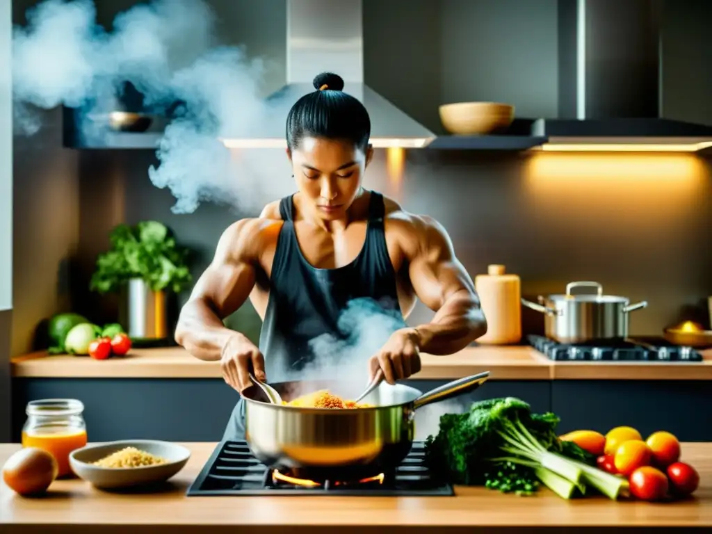 Un artista marcial prepara una comida nutritiva en una cocina bien iluminada, mostrando disciplina y fuerza