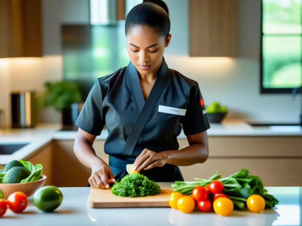 Un artista marcial prepara una comida saludable con un dispositivo wearable, optimizando su dieta para las artes marciales