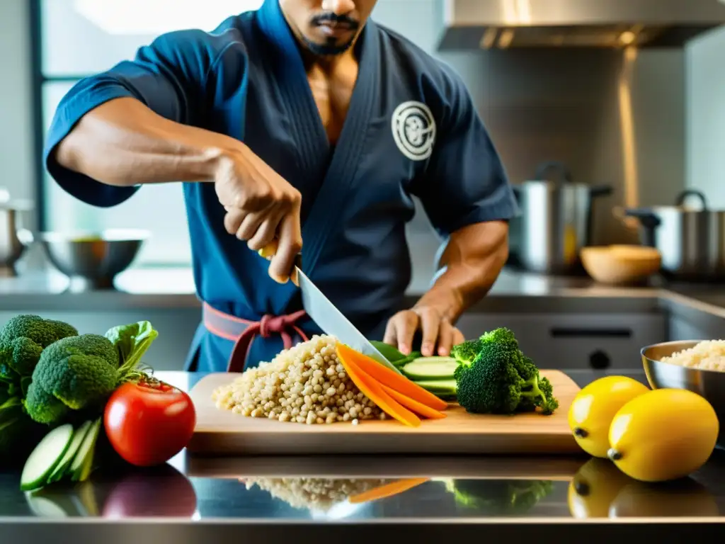 Un artista marcial prepara una comida saludable en su cocina, destacando la importancia de la nutrición para la prevención de lesiones marciales