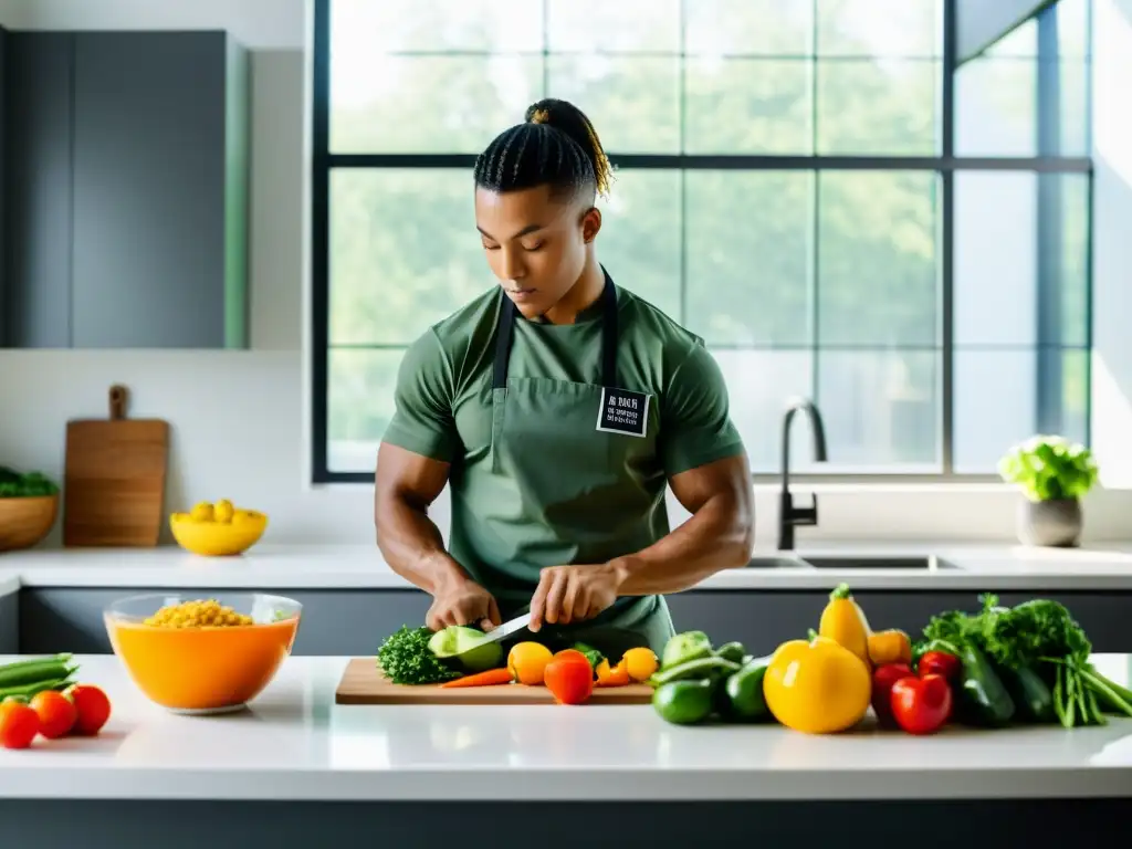 Un artista marcial prepara una comida vegana en una cocina moderna y bien iluminada