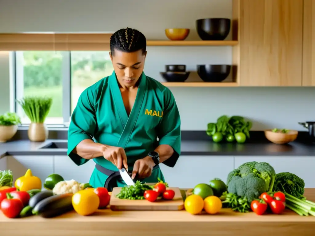 Un artista marcial prepara una comida vegana en una cocina luminosa