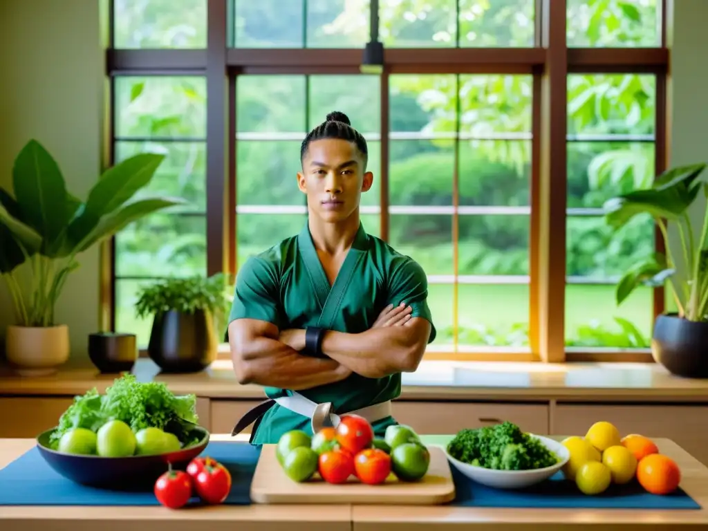 Un artista marcial prepara una comida vegana, rodeado de plantas exuberantes y luz natural