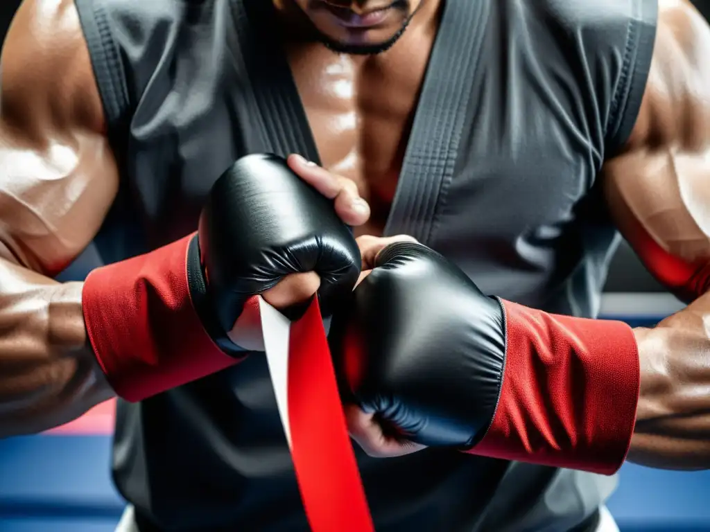 Un artista marcial se prepara para la competencia, envolviendo con determinación sus manos en cinta negra y roja