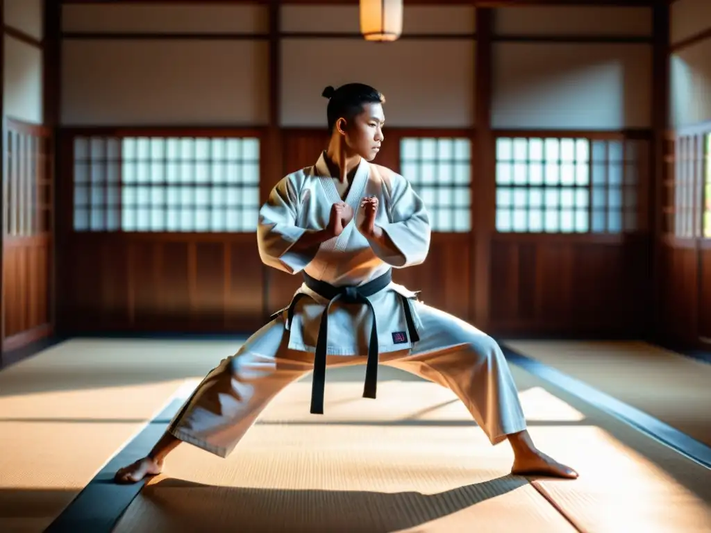 Un artista marcial se prepara mentalmente para competiciones de karate, con determinación y disciplina en un dojo tradicional