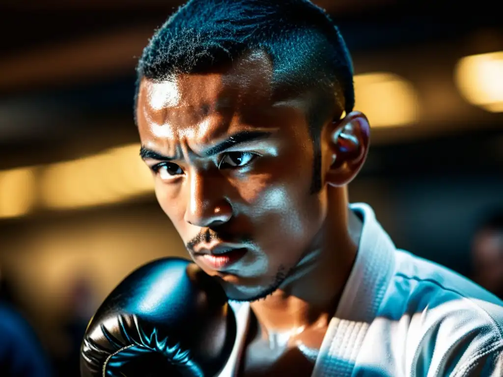 Un artista marcial concentrado en combate, rodeado de energía en un dojo